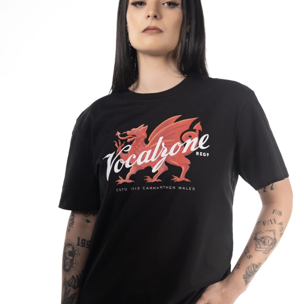 Vocalzone Welsh Heritage T-Shirt in black worn by a female model.
