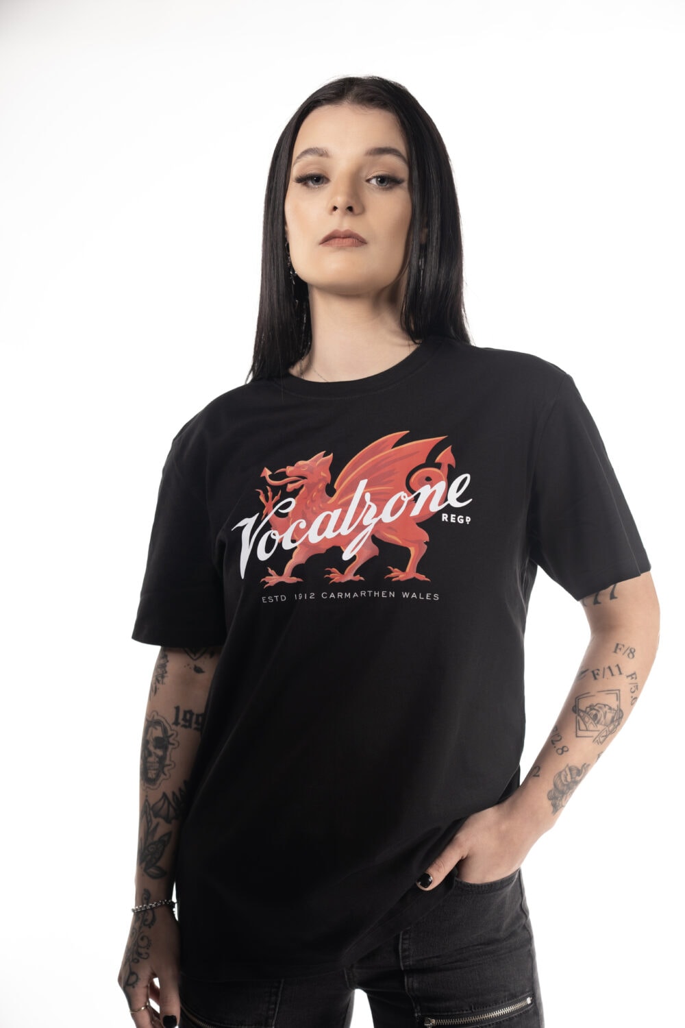 Vocalzone Welsh Heritage T-Shirt in black worn by a female model.