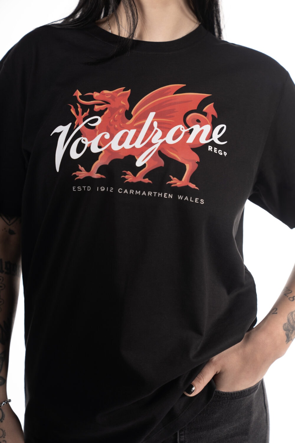 Vocalzone Welsh Heritage T-Shirt in black worn by a female model.