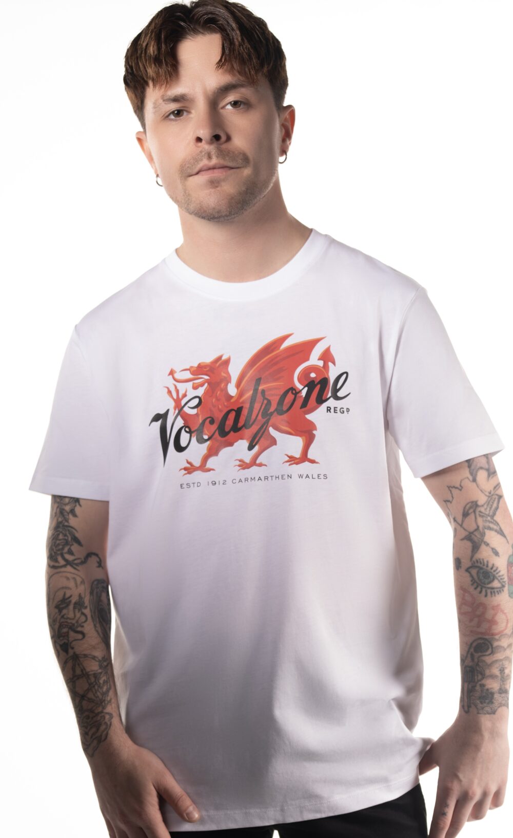 Vocalzone Welsh Heritage T-Shirt in white with male model.