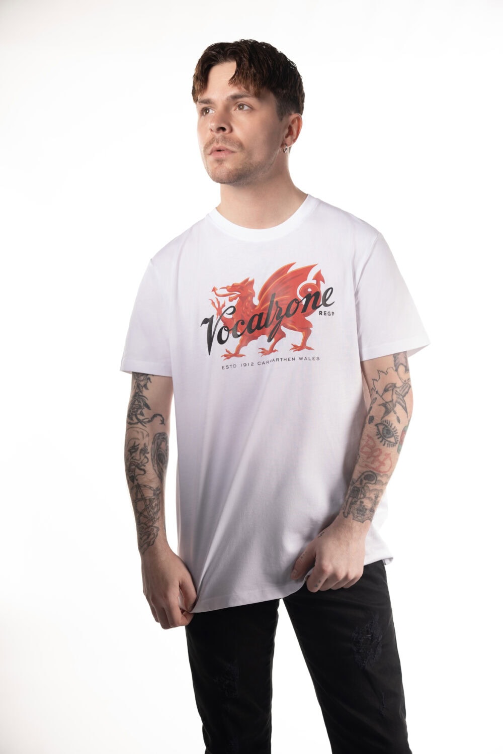 Vocalzone Welsh Heritage T-Shirt in white worn by a male model.