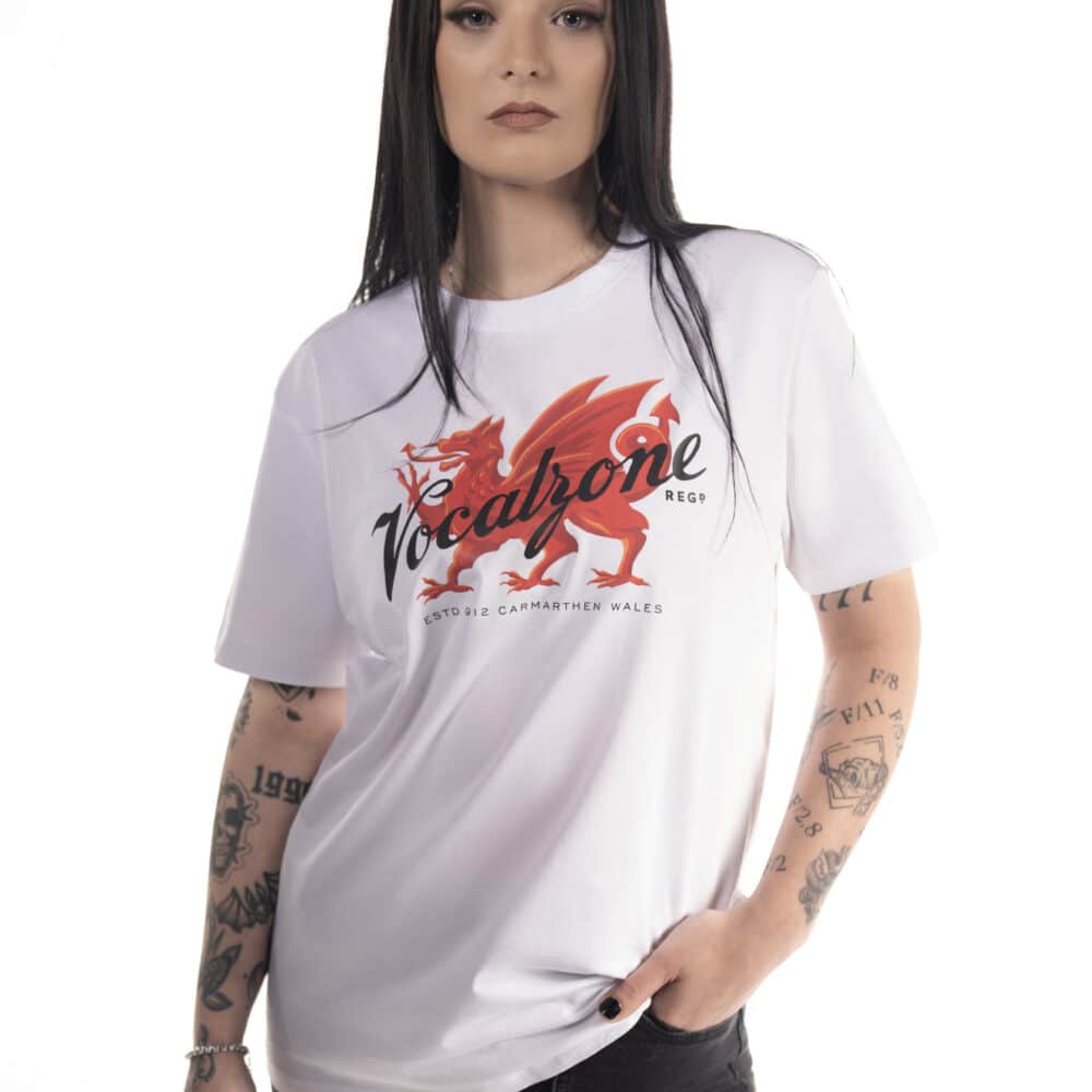 Vocalzone Welsh Heritage T-Shirt in white worn by a female model.