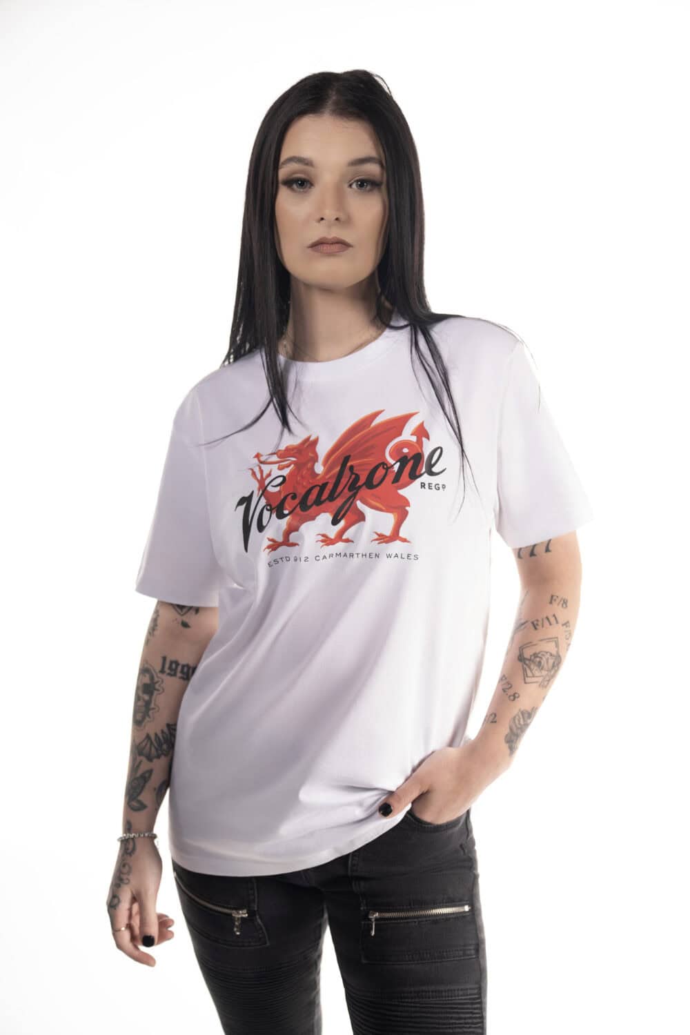 Vocalzone Welsh Heritage T-Shirt in white worn by a female model.