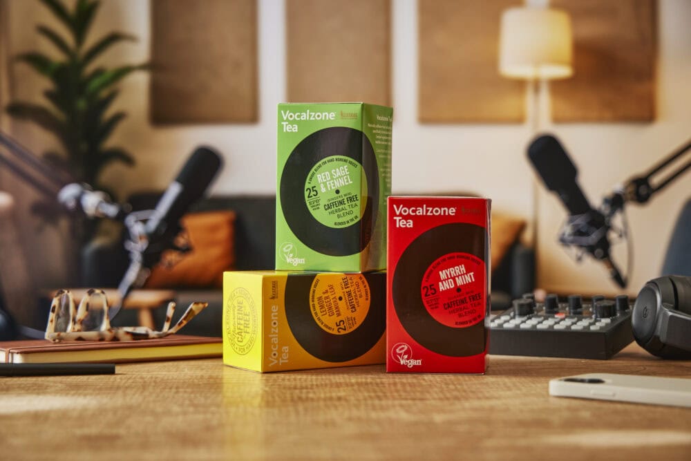 All 3 flavours of Vocalzone Tea in a podcasting studio.