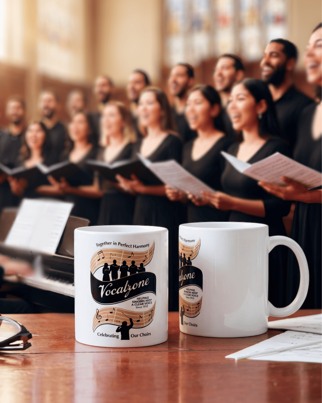Vocalzone Heritage Choir Mug in front of a performing Choir