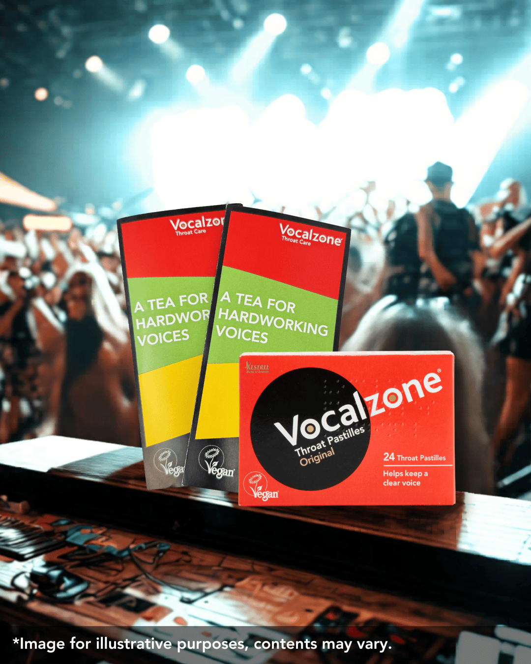The Vocalzone Tour Sampler with Original Pastilles and 2 Tea samples in the middle of a gig.